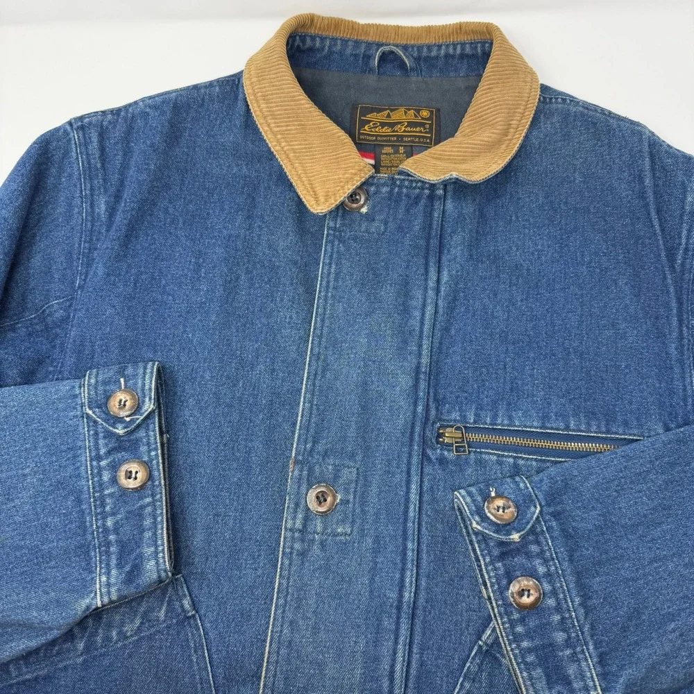 Vintage Eddie Bauer Denim Barn Chore Coat Blue Corduroy Flannel Lined Men Medium